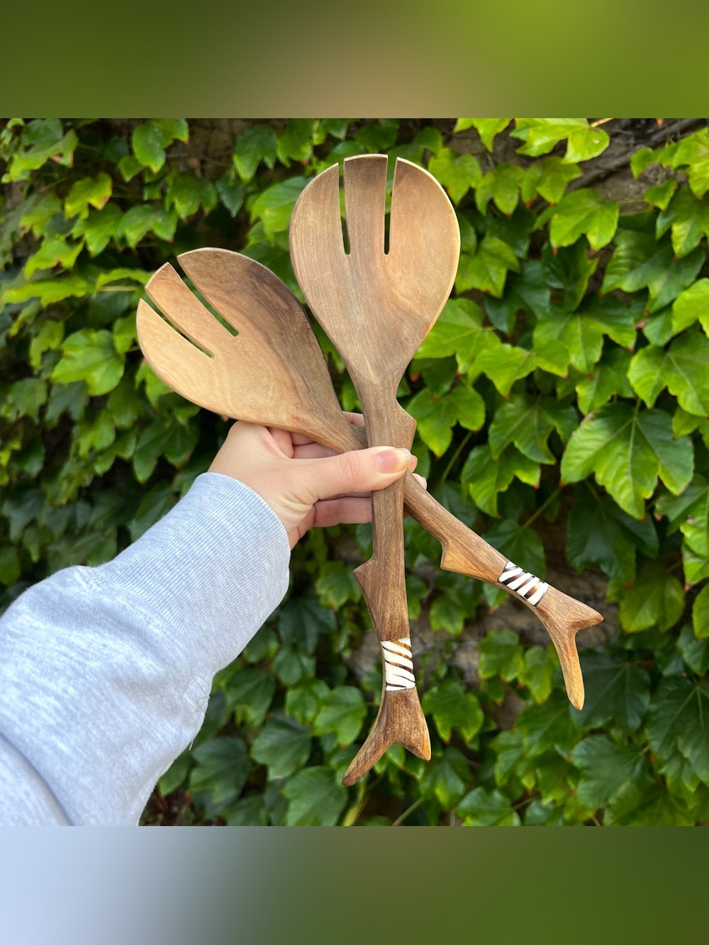 Tree Branch Wooden Salad Server Set African Tribal Design with Inlay 12" Long